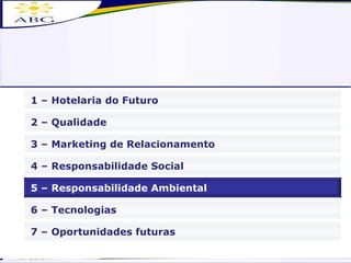 3 – Marketing de Relacionamento 4 – Responsabilidade Social 6 – Tecnologias 2 – Qualidade 7 – Oportunidades futuras 1 – Hotelaria do Futuro 5 – Responsabilidade Ambiental 