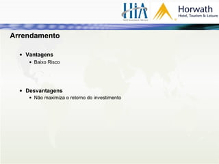 Arrendamento Vantagens Baixo Risco Desvantagens Não maximiza o retorno do investimento 