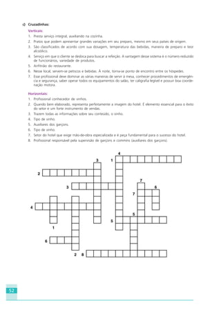 52
c) Cruzadinhas:
Verticais:
1. Presta serviço integral, auxiliando na cozinha.
2. Pratos que podem apresentar grandes variações em seu preparo, mesmo em seus países de origem.
3. São classificados de acordo com sua dosagem, temperatura das bebidas, maneira de preparo e teor
alcoólico.
4. Serviço em que o cliente se desloca para buscar a refeição. A vantagem desse sistema é o número reduzido
de funcionários, variedade de produtos.
5. Anfitrião do restaurante.
6. Nesse local, servem-se petiscos e bebidas. À noite, torna-se ponto de encontro entre os hóspedes.
7. Esse profissional deve dominar as várias maneiras de servir à mesa, conhecer procedimentos de emergên-
cia e segurança, saber operar todos os equipamentos do salão, ter caligrafia legível e possuir boa coorde-
nação motora.
Horizontais:
1. Profissional conhecedor de vinhos.
2. Quando bem elaborado, representa perfeitamente a imagem do hotel. É elemento essencial para o êxito
do setor e um forte instrumento de vendas.
3. Trazem todas as informações sobre seu conteúdo, o vinho.
4. Tipo de vinho.
5. Auxiliares dos garçons.
6. Tipo de vinho.
7. Setor do hotel que exige mão-de-obra especializada e é peça fundamental para o sucesso do hotel.
8. Profissional responsável pela supervisão de garçons e commins (auxiliares dos garçons).
HOTELARIA.p65 26/3/2007, 14:0152
 