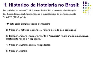 1. Histórico da Hotelaria no Brasil:
Foi também no século XVIII Charles Burton fez a primeira classificação
das hospedarias paulistanas. Segue a classificação de Burton segundo
DUARTE (1996, p.16):
1ª Categoria Simples pouso de tropeiro
2ª Categoria Telheiro coberto ou rancho ao lado das pastagens
3ª Categoria Venda, correspondente a "pulperia" dos hispano-americanos,
mistura de venda e hospedaria.
4ª Categoria Estalagens ou hospedarias
5ª Categoria hotéis
 