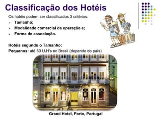 Classificação dos Hotéis
Os hotéis podem ser classificados 3 critérios:
 Tamanho;
 Modalidade comercial da operação e;
 Forma de associação.
Hotéis segundo o Tamanho:
Pequenos: até 50 U.H’s no Brasil (depende do país)
Grand Hotel, Porto, Portugal
 