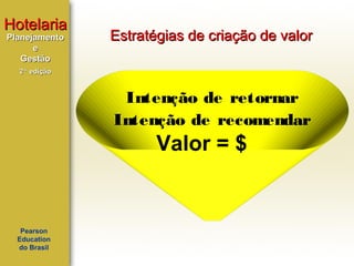 Hotelaria
Planejamento
e
Gestão

Estratégias de criação de valor

2ª edição

Intenção de retornar
Intenção de recomendar

Valor = $

Pearson
Education
do Brasil

 