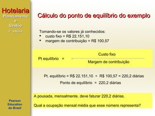 Hotelaria
Planejamento
e
Gestão
2ª edição

Cálculo do ponto de equilíbrio do exemplo
Tomando-se os valores já conhecidos:
 custo fixo = R$ 22.151,10
 margem de contribuição = R$ 100,57
Custo fixo
Pt equilíbrio =

Margem de contribuição

Pt. equilíbrio = R$ 22.151,10 ÷ R$ 100,57 = 220,2 diárias
Ponto de equilíbrio = 220,2 diárias
A pousada, mensalmente, deve faturar 220,2 diárias.
Pearson
Education
do Brasil

Qual a ocupação mensal média que esse número representa?

 
