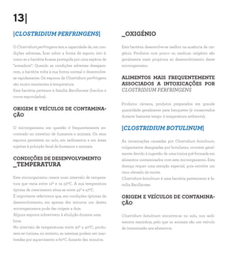 13|
|CLOSTRIDIUM PERFRINGENS|                                 _OXIGÉNIO

O Clostridium perfringens tem a capacidade de, em con-    Esta bactéria desenvolve-se melhor na ausência de oxi-
dições adversas, ficar sobre a forma de esporo, isto é,   génio. Produtos com pouco ou nenhum oxigénio são
como se a bactéria ficasse protegida por uma espécie de   geralmente mais propícios ao desenvolvimento deste
“armadura”. Quando as condições adversas desapare-        microrganismo.
cem, a bactéria volta à sua forma normal e desenvolve-
se rapidamente. Os esporos de Clostridium perfringens     ALIMENTOS MAIS FREQUENTEMENTE
são muito resistentes à temperatura.                      ASSOCIADOS A INTOXICAÇÕES POR
Esta bactéria pertence à família Bacillaceae (bacilos e   CLOSTRIDIUM PERFRINGENS
cocos esporulados).
                                                          Produtos cárneos, produtos preparados em grande
ORIGEM E VEÍCULOS DE CONTAMINA-                           quantidade geralmente para banquetes (e conservados
ÇÃO                                                       durante bastante tempo à temperatura ambiente).

O microrganismo em questão é frequentemente en-           |CLOSTRIDIUM BOTULINUM|
contrado no intestino de humanos e animais. Os seus
esporos persistem no solo, em sedimentos e em áreas       As intoxicações causadas por Clostridium botulinum,
sujeitas à poluição fecal de humanos e animais.           vulgarmente designadas por botulismo, ocorrem geral-
                                                          mente devido à ingestão de uma toxina pré-formada em
CONDIÇÕES DE DESENVOLVIMENTO                              alimentos contaminados com este microrganismo. Esta
_TEMPERATURA                                              doença requer uma atenção especial, pois envolve um
                                                          risco elevado de morte.
Este microrganismo cresce num intervalo de tempera-       Clostridium botulinum é uma bactéria pertencente à fa-
tura que varia entre 120 e os 500C. A sua temperatura     mília Bacillaceae.
óptima de crescimento situa-se entre 430 e 470C.
É importante referirmos que, em condições óptimas de      ORIGEM E VEÍCULOS DE CONTAMINA-
desenvolvimento, em apenas dez minutos um destes          ÇÃO
microrganismos pode dar origem a dois.
Alguns esporos sobrevivem à ebulição durante uma          Clostridium botulinum encontra-se no solo, nos sedi-
hora.                                                     mentos marinhos, pelo que os animais são um veículo
No intervalo de temperaturas entre 300 a 400C, produ-     de transmissão aos alimentos.
zem-se toxinas; no entanto, as mesmas podem ser inac-
tivadas por aquecimento a 600C durante dez minutos.
 