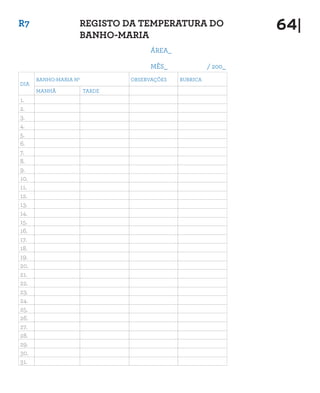 R7                 REGISTO DA TEMPERATURA DO                    64|
                   BANHO-MARIA
                                     ÁREA_

                                     MÊS_              / 200_
      BANHO-MARIA Nº           OBSERVAÇÕES   RUBRICA
DIA
      MANHÃ            TARDE
1.
2.
3.
4.
5.
6.
7.
8.
9.
10.
11.
12.
13.
14.
15.
16.
17.
18.
19.
20.
21.
22.
23.
24.
25.
26.
27.
28.
29.
30.
31.
 