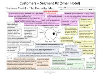 Customers – Segment #2 (Small Hotel)
                                                                                                                   MR
                                                                                                                                                                       v1.0
                                                                        Small Hotel Manager
   The world changes are creating uncertainty. There is more business      (5-19 Employees)                          Very worried about the overbooking. It’s hard to manage.
   risk. Very anxious of not having money to pay for the fixed costs (bank    He spends a lot of effort and          He needs to sell in several places (internet booking sites)
   loan fees, taxes, utilities, fixed salaries, etc)                          money in internet marketing.           the same room for the same day. Sometimes he needs to
               Lack of control in selling the room inventory. No                                                     sell in more than 10 different places.
                                                                       Family owned. Family owes the bank                                            Competition is using the
               contracts. No guarantees. Most is sold via              money. Usually the family does not      Worried about guest feedback
               internet, over which he has very little or no control manage directly the hotel                 in the internet. It’s difficult to    internet to sell rooms
Owners Family. The                                                                                             control and can greatly impact
                                   Very occupied. He has no free time to spend. He doesn’t like to have                                            Competition is using the
owners have a close                                                                                            future business.
                                   to deal with several tools. He likes integration, control and less risk                                         internet for hotel
relationship with the
hotel manager.                                                                                                                                     marketing purposes
                                                                                                                       There is a lot of hotel
                                   Competition. He usually
                                                                                                                       management software
 Manager Family. His               checks the internet to
                                                                                                                       tools offerings. What       World economic crisis.
 family also uses the              see what the
                                                                                                                       to choose ? By cost, by     People are more conscious
 internet to search, book          competition is
                                                                                                                       type, by credibility, ...   with costs. Taxes are
 and complain.                     offering, mainly pricing
                                   and promotions                                                                                                  increasing. Business risk is
                                                                                                             It’s dificult to find a one           increasing. More uncertainty
Guests. He hears what the guests write                                                                       stop shop tool with all
about the hotel in the internet.                                                                             the marketing, sales and
                                                                                                                                           Guests search, book and complain in
                                                                                                             operation tools he needs
Tourism and hospitality associations. He gives                                                                                             the Internet
some credibility to their recommendations               He uses a computer to manage the hotel and he uses                                         Internet is omnipresent and
                                                        frequently the internet for marketing and selling                                          is in the business to stay
                                                                                                                        He is more careful in
Tourism regulation.
                                                                                                                        justifying the
He follows the laws                   He is using the internet to sell his room inventory but it’s                                                          Guests are more cost
                                                                                                                        spending of money.
and regulation                        hard to do digital marketing in a efficient manner                                                                    sensitive. They have
                                                                                                                  He has some web technologies              more information to
                      He has some know how to do digital marketing for his hotel but he has no time and           know how and skills (html, web            help in their choices
                      he has limited budget for paying this kind of services to third parties                     tools, etc)

             Extra costs derived from overbookings                                         Increase revenue per
                                                         It’s hard to do internet                                           Increase guest satisfaction
                                                                                           avalilable room (RevPar)
Too much uncertainty and anxiety. Not having money to marketing and selling.
                                                                                                                                                                  More free time
pay the bank or other fixed costs. Empty house. Too much Too many                           Increase occupation rate       Increase guest recurrence and
room inventory and no options of how to sell them.       unfriendly, expensive                                             fidelization
                                                         and complicated tools                                                                                     Less risk and
 Afraid of unfair bad feedback consequences and                                                                                                                    headaches
 inability to answer back and defend the hotel position                                    Reduce negative feedback                Reduce operating costs


                                                                        blog.hotelasp.com                                                                                          9
                                                                                    v2.0
 