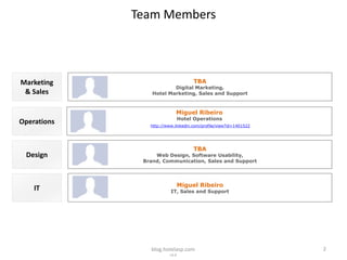 Team Members



Marketing                            TBA
                         Digital Marketing,
 & Sales         Hotel Marketing, Sales and Support



                            Miguel Ribeiro
                                Hotel Operations
Operations      http://www.linkedin.com/profile/view?id=1401522




                                     TBA
 Design           Web Design, Software Usability,
              Brand, Communication, Sales and Support




                                Miguel Ribeiro
    IT                   IT, Sales and Support




                blog.hotelasp.com                                 2
                         v2.0
 