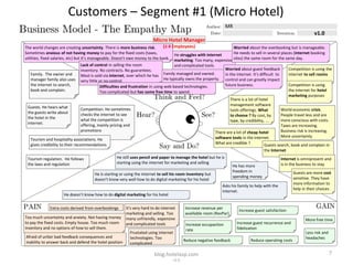 Customers – Segment #1 (Micro Hotel)
                                                                                                                     MR
                                                                                                                                                                             v1.0
                                                                         Micro Hotel Manager
The world changes are creating uncertainty. There is more business risk.        (≤ 4 Employees)                    Worried about the overbooking but is manageable.
Sometimes anxious of not having money to pay for the fixed costs (taxes,              He struggles with internet   He needs to sell in several places (internet booking
utilities, fixed salaries, etc) but it’s manageable. Doesn't owe money to the bank. marketing. Too many, expensive sites) the same room for the same day.
                              Lack of control in selling the room                     and complicated tools.
                              inventory. No contracts. No guarantees.                                                Worried about guest feedback             Competition is using the
   Family. The owner and      Most is sold via internet, over which he has Family managed and owned.                 in the internet. It’s difficult to       internet to sell rooms
   manager family also uses   very little or no control                         He typically owns the property.      control and can greatly impact
   the internet to search,                Difficulties and frustration in using web based technologies.              future business.                         Competition is using
   book and complain.                     Too complicated but has some free time to spend.                                                                    the internet for hotel
                                                                                                                                                              marketing purposes
                                                                                                                        There is a lot of hotel
                                                                                                                        management software
 Guests. He hears what        Competition. He sometimes                                                                 tools offerings. What             World economic crisis.
 the guests write about       checks the internet to see                                                                to choose ? By cost, by           People travel less and are
 the hotel in the             what the competition is                                                                   type, by credibility, ...         more conscious with costs.
 internet.                    offering, mainly pricing and                                                                                                Taxes are increasing.
                              promotions                                                                     There are a lot of cheap hotel               Business risk is increasing.
                                                                                                             software tools in the internet.              More uncertainty
   Tourism and hospitality associations. He
   gives credibility to their recommendations                                                                What are credible ?         Guests search, book and complain in
                                                                                                                                             the Internet
 Tourism regulation. He follows                    He still uses pencil and paper to manage the hotel but he is                                           Internet is omnipresent and
 the laws and regulation                           starting using the internet for marketing and selling                                                  is in the business to stay
                                                                                                                         He has more
                                                                                                                         freedom in                              Guests are more cost
                                      He is starting or using the internet to sell his room inventory but
                                                                                                                         spending money                          sensitive. They have
                                      doesn’t know very well how to do digital marketing for his hotel
                                                                                                                                                                 more information to
                                                                                                                  Asks his family to help with the
                                                                                                                                                                 help in their choices
                                                                                                                  internet.
                     He doesn’t know how to do digital marketing for his hotel


             Extra costs derived from overbookings       It’s very hard to do internet       Increase revenue per
                                                                                                                             Increase guest satisfaction
                                                         marketing and selling. Too          avalilable room (RevPar)
Too much uncertainty and anxiety. Not having money       many unfriendly, expensive                                                                                     More free time
to pay the fixed costs. Empty house. Too much room       and complicated tools                Increase occupaction          Increase guest recurrence and
inventory and no options of how to sell them.                                                 rate                          fidelization
                                                           Frustated using internet                                                                                     Less risk and
Afraid of unfair bad feedback consequences and             technologies. Too                                                                                            headaches
inability to answer back and defend the hotel position                                       Reduce negative feedback               Reduce operating costs
                                                           complicated

                                                                         blog.hotelasp.com                                                                                              7
                                                                                      v2.0
 