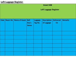 Hotel IHM
Left Luggage Register
Date Room No Name of Guest Bell
Boy’s
Name
Luggage
Tag No.
Description
of Luggage
Delivered
On
Remarks
Left Luggage Register:
 