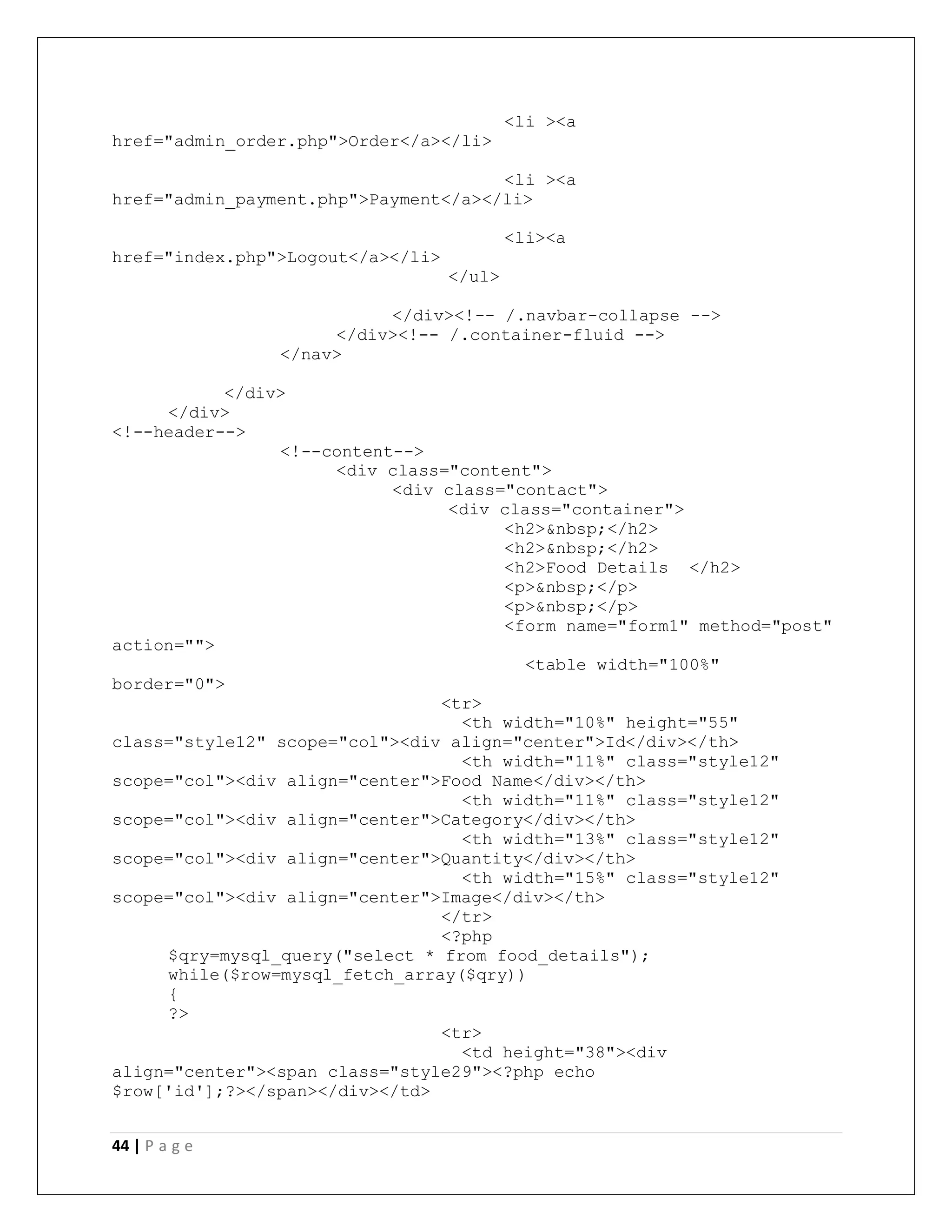 44 | P a g e
<li ><a
href="admin_order.php">Order</a></li>
<li ><a
href="admin_payment.php">Payment</a></li>
<li><a
href="index.php">Logout</a></li>
</ul>
</div><!-- /.navbar-collapse -->
</div><!-- /.container-fluid -->
</nav>
</div>
</div>
<!--header-->
<!--content-->
<div class="content">
<div class="contact">
<div class="container">
<h2>&nbsp;</h2>
<h2>&nbsp;</h2>
<h2>Food Details </h2>
<p>&nbsp;</p>
<p>&nbsp;</p>
<form name="form1" method="post"
action="">
<table width="100%"
border="0">
<tr>
<th width="10%" height="55"
class="style12" scope="col"><div align="center">Id</div></th>
<th width="11%" class="style12"
scope="col"><div align="center">Food Name</div></th>
<th width="11%" class="style12"
scope="col"><div align="center">Category</div></th>
<th width="13%" class="style12"
scope="col"><div align="center">Quantity</div></th>
<th width="15%" class="style12"
scope="col"><div align="center">Image</div></th>
</tr>
<?php
$qry=mysql_query("select * from food_details");
while($row=mysql_fetch_array($qry))
{
?>
<tr>
<td height="38"><div
align="center"><span class="style29"><?php echo
$row['id'];?></span></div></td>
 