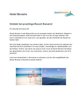 Hotel Bonaire
Ontdek het prachtige Resort Bonaire!
En natuurlijk het eiland zelf
Resort Bonaire is met afstand één van de zonnigste stukjes van Nederland. Gelegen in
het Caribische gebied, heeft dit eiland alles in huis voor een zonnige vakantie. Hier
komt u helemaal tot rust, maar kunt u ook genieten van alle activiteiten die Bonaire te
bieden heeft.
Het is de ideale uitvalsbasis voor diverse uitjes. Op het resort bevindt zich uiteraard een
zwembad met écht zandstrand. Er is een poolbar, zonnebedjes en speeltoestellen voor
de kinderen. Kortom, een resort voor jong en oud! U kunt op Resort Bonaire niet alleen
een appartement voor huren voor 2 personen, maar er zijn zelfs penthouses voor tot 6
personen!
Laat onze medewerkers u informeren en adviseren over de vele mogelijkheden die
Resort Bonaire en Bonaire te bieden hebben!
 