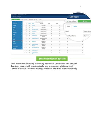 5
Email notification including all booking information (hotel name, kind of room,
date, time, price...) will be automatically sent to customer, admin and hotel
supplier after each successfulbooking; admin can edit email template arbitrarily
 