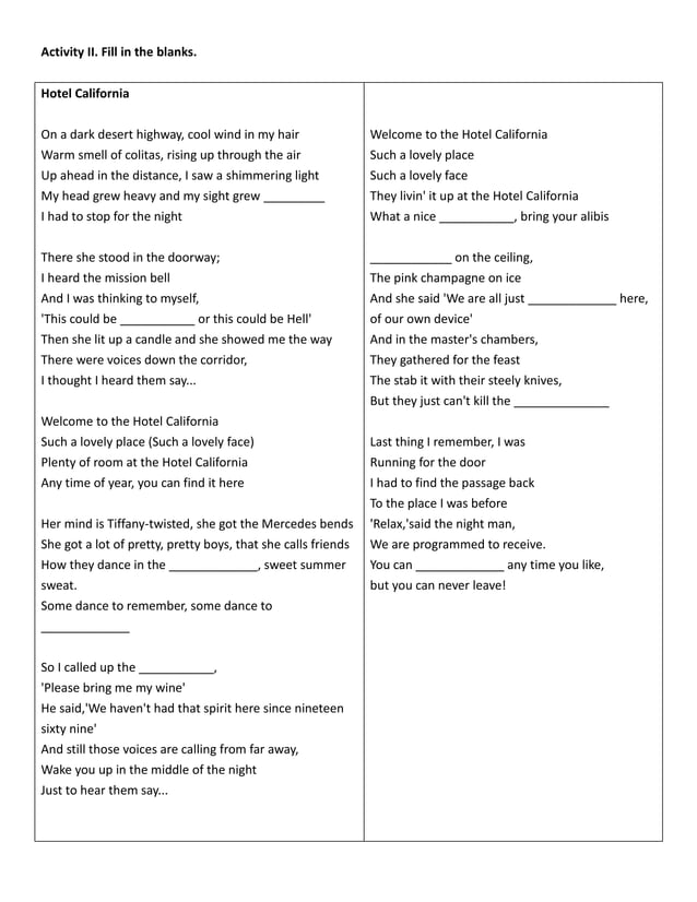 Hotel california lyrics with blanks PDF