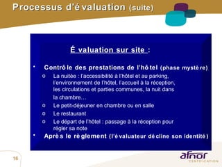 Évaluation sur site  : Contrôle des prestations de l’hôtel   (phase mystère) La nuitée : l’accessibilité à l’hôtel et au parking,  l’environnement de l’hôtel, l’accueil à la réception,  les circulations et parties communes, la nuit dans  la chambre… Le petit-déjeuner en chambre ou en salle Le restaurant Le départ de l’hôtel : passage à la réception pour  régler sa note Après le règlement   (l’évaluateur décline son identité) Processus d’évaluation  (suite) 