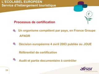 L’ECOLABEL EUROPEEN Service d’hébergement touristique Processus de certification Un organisme compétent par pays, en France Groupe  AFNOR Décision européenne  4 avril 2003 publiée au JOUE   Référentiel de certification Audit et partie documentaire à contrôler 