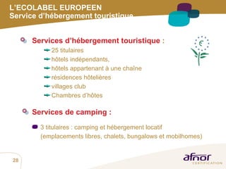 L’ECOLABEL EUROPEEN Service d’hébergement touristique Services d’hébergement touristique  :   25 titulaires hôtels indépendants,  hôtels appartenant à une chaîne  résidences hôtelières  villages club  Chambres d’hôtes Services de camping :  3 titulaires : camping et hébergement locatif  (emplacements libres, chalets, bungalows et mobilhomes) 