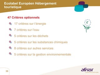 Ecolabel Européen Hébergement touristique 47 Critères optionnels   17 critères sur l’énergie 7 critères sur l’eau 5 critères sur les déchets 5 critères sur les substances chimiques 8 critères sur autres services 5 critères sur la gestion environnementale 