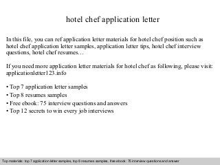 Hotel chef application letter