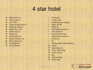 4 star hotel
 Operational –m
 Guest room-m
 A/C-100%
 Clean bed and linen-m
 Drinking water-m
 Bathrooms -75%
 Public areas-m
 Kitchen-m
 staff uniform-m
 Smoke detectors-m
 House phone-m
 Newspaper-m
 Travel desk-m
• Postage-m
• Credit cards
• Handling guest luggage
• Wake up call
• Shops-m
• Safe deposit locker-m
• First aid kit-m
• Hot and cold water
• Multicuisne restaut-m
• Doctor-m
• Tv
• Writing table with stationery
 Suites
 Speciality rest.
 24hrs coffee shop
 Room service
 Bar
 Valet parking
 Book shop
www.indianchefrecipe.com
 
