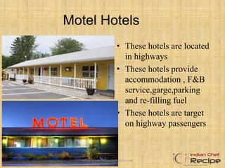 Motel Hotels
• These hotels are located
in highways
• These hotels provide
accommodation , F&B
service,garge,parking
and re-filling fuel
• These hotels are target
on highway passengers
www.indianchefrecipe.com
 