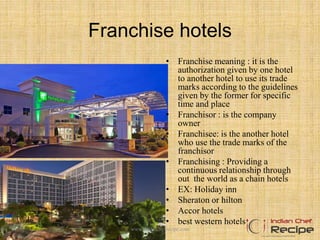 Franchise hotels
• Franchise meaning : it is the
authorization given by one hotel
to another hotel to use its trade
marks according to the guidelines
given by the former for specific
time and place
• Franchisor : is the company
owner
• Franchisee: is the another hotel
who use the trade marks of the
franchisor
• Franchising : Providing a
continuous relationship through
out the world as a chain hotels
• EX: Holiday inn
• Sheraton or hilton
• Accor hotels
• best western hotels
www.indianchefrecipe.com
 