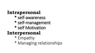 Intrapersonal
* self-awareness
* self-management
* self Motivation
Interpersonal
* Empathy
* Managing relationships