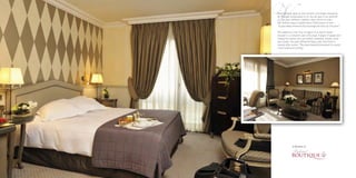 VVotre adresse dans la ville lumière, une étape reposante 
de l’Europe romantique et un lieu de paix et de sérénité 
où l’on peut réfléchir, méditer, rêver, écrire et créer. 
Car comme disait le poète dont l’hôtel porte le nom : 
“Le plus beau moment d’un ouvrage est celui où l’on écrit”. 
This address in the ‘City of Lights’ is a restful haven 
located in a romantic part of Europe. A place of peace and 
tranquility where one can reflect, meditate, dream, write 
and create. The poet Alfred de Vigny who this hotel is 
named after wrote, “The most beautiful moment in a work 
is the instant of writing”. 
 