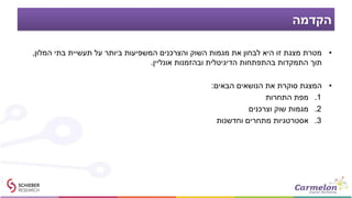 ‫הקדמה‬
•‫המלון‬ ‫בתי‬ ‫תעשיית‬ ‫על‬ ‫ביותר‬ ‫המשפיעות‬ ‫והצרכנים‬ ‫השוק‬ ‫מגמות‬ ‫את‬ ‫לבחון‬ ‫היא‬ ‫זו‬ ‫מצגת‬ ‫מטרת‬,
‫אונליין‬ ‫ובהזמנות‬ ‫הדיגיטלית‬ ‫בהתפתחות‬ ‫התמקדות‬ ‫תוך‬.
•‫הבאים‬ ‫הנושאים‬ ‫את‬ ‫סוקרת‬ ‫המצגת‬:
.1‫התחרות‬ ‫מפת‬
.2‫וצרכנים‬ ‫שוק‬ ‫מגמות‬
.3‫וחדשנות‬ ‫מתחרים‬ ‫אסטרטגיות‬
 