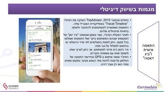 ‫דיגיטלי‬ ‫בשיווק‬ ‫מגמות‬
•‫נובמבר‬ ‫בחודש‬2015,TripAdvisor‫הפיצ‬ ‫את‬ ‫השיקה‬'‫ר‬
“Travel Timeline”‫שלה‬ ‫המובייל‬ ‫באפליקציית‬.
•‫ולשתף‬ ‫להתחבר‬ ‫למשתמשים‬ ‫מאפשרת‬ ‫התוספת‬
‫שלהם‬ ‫מהטיולים‬ ‫בחוויות‬.
•‫הפיצ‬ ‫הפעלת‬ ‫לאחר‬'‫ר‬,‫אוטומטי‬ ‫באופן‬ ‫נוצר‬"‫זמן‬ ‫ציר‬"‫של‬
‫שצולמו‬ ‫התמונות‬ ‫ושל‬ ‫ביקר‬ ‫המשתמש‬ ‫שבהם‬ ‫המקומות‬
‫מקום‬ ‫בכל‬.‫או‬ ‫כרונולוגי‬ ‫סדר‬ ‫לפי‬ ‫בתצלומים‬ ‫לצפות‬ ‫ניתן‬
‫על‬ ‫למסלול‬ ‫בהתאם‬-‫מפה‬ ‫גבי‬.
•‫למשתמש‬ ‫פרטי‬ ‫הינו‬ ‫הזמן‬ ‫ציר‬,‫אותו‬ ‫לערוך‬ ‫ניתן‬ ‫אך‬
‫וחברים‬ ‫משפחה‬ ‫עם‬ ‫אותו‬ ‫ולשתף‬.
•‫הפיצ‬'‫ב‬ ‫שימוש‬ ‫עושה‬ ‫ר‬-GPS‫של‬ ‫התנועה‬ ‫ובחיישני‬
‫על‬ ‫הטלפון‬-‫מסוים‬ ‫במקום‬ ‫מבקר‬ ‫הנוסע‬ ‫מתי‬ ‫לזהות‬ ‫מנת‬
‫דרכו‬ ‫עובר‬ ‫רק‬ ‫הוא‬ ‫ומתי‬.
‫התאמה‬
‫אישית‬
‫ו‬"‫ביג‬
‫דאטה‬"
 