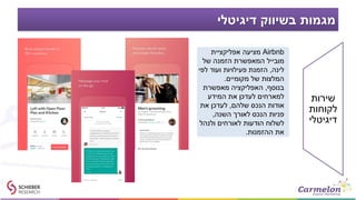 ‫דיגיטלי‬ ‫בשיווק‬ ‫מגמות‬
Airbnb‫אפליקציית‬ ‫מציעה‬
‫של‬ ‫הזמנה‬ ‫המאפשרת‬ ‫מובייל‬
‫לינה‬,‫לפי‬ ‫ועוד‬ ‫פעילויות‬ ‫הזמנת‬
‫מקומיים‬ ‫של‬ ‫המלצות‬.
‫בנוסף‬,‫מאפשרת‬ ‫האפליקציה‬
‫המידע‬ ‫את‬ ‫לעדכן‬ ‫למארחים‬
‫שלהם‬ ‫הנכס‬ ‫אודות‬,‫את‬ ‫לעדכן‬
‫השנה‬ ‫לאורך‬ ‫הנכס‬ ‫פניות‬,
‫ולנהל‬ ‫לאורחים‬ ‫הודעות‬ ‫לשלוח‬
‫ההזמנות‬ ‫את‬.
‫שירות‬
‫לקוחות‬
‫דיגיטלי‬
 