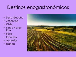 Destinos enogastronômicos

•   Serra Gaúcha
•   Argentina
•   Chile
•   Napa Valley
    EUA
•   Itália
•   Espanha
•   Austrália
•   França
 