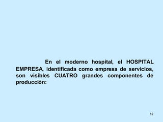 En el moderno hospital, el HOSPITAL EMPRESA, identificada como empresa de servicios, son visibles CUATRO grandes componentes de producción: 
