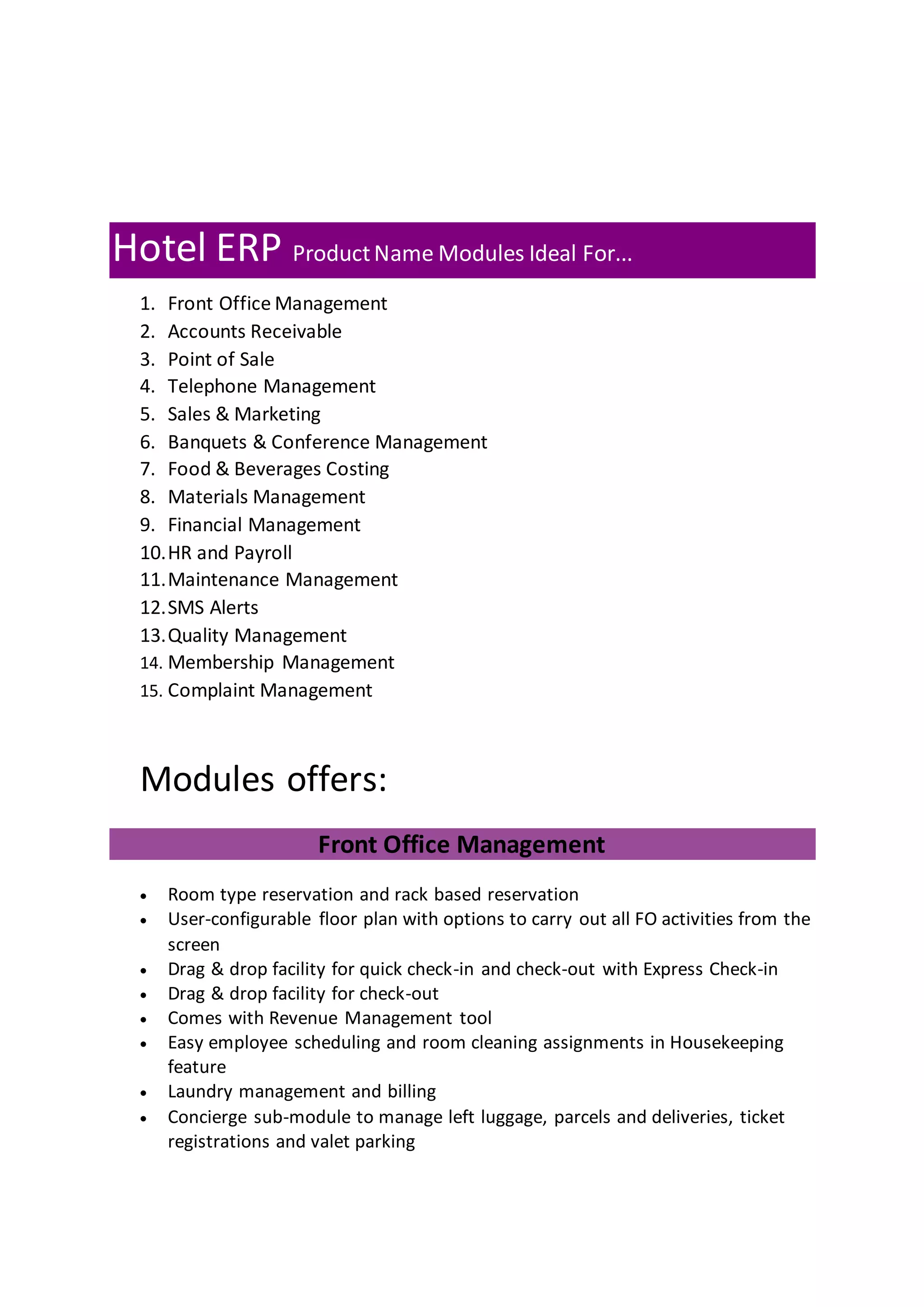 Hotel erp modules | DOCX