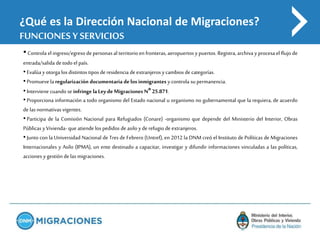 ¿Qué es la Dirección Nacional de Migraciones?
FUNCIONES Y SERVICIOS
•Controla el ingreso/egresodepersonas al territorio en...