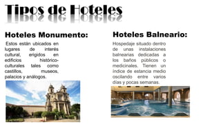 Tipos de Hoteles
Hoteles Monumento:
Estos están ubicados en
lugares de interés
cultural, erigidos en
edificios histórico-
culturales tales como
castillos, museos,
palacios y análogos.
Hoteles Balneario:
Hospedaje situado dentro
de unas instalaciones
balnearias dedicadas a
los baños públicos o
medicinales. Tienen un
índice de estancia medio
oscilando entre varios
días y pocas semanas.
 