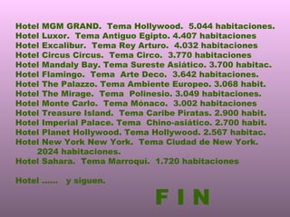 Hotel MGM GRAND.  Tema Hollywood.  5.044 habitaciones. Hotel Luxor.  Tema Antiguo Egipto. 4.407 habitaciones Hotel Excalibur.  Tema Rey Arturo.  4.032 habitaciones Hotel Circus Circus.  Tema Circo.  3.770 habitaciones Hotel Mandaly Bay. Tema Sureste Asiático. 3.700 habitac. Hotel Flamingo.  Tema  Arte Deco.  3.642 habitaciones. Hotel The Palazzo. Tema Ambiente Europeo. 3.068 habit. Hotel The Mirage.  Tema  Polinesio. 3.049 habitaciones.  Hotel Monte Carlo.  Tema Mónaco.  3.002 habitaciones Hotel Treasure Island.  Tema Caribe Piratas. 2.900 habit. Hotel Imperial Palace. Tema  Chino-asiático. 2.700 habit. Hotel Planet Hollywood. Tema Hollywood. 2.567 habitac. Hotel New York New York.  Tema Ciudad de New York. 2024 habitaciones. Hotel Sahara.  Tema Marroquí.  1.720 habitaciones Hotel ……  y siguen. F I N 