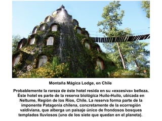 Montaña Mágica Lodge, en Chile 
Probablemente la rareza de éste hotel resida en su «excesiva» belleza. 
Éste hotel es parte de la reserva biológica Huilo-Huilo, ubicada en 
Neltume, Región de los Ríos, Chile. La reserva forma parte de la 
imponente Patagonia chilena, concretamente de la ecorregión 
valdiviana, que alberga un paisaje único de frondosos bosques 
templados lluviosos (uno de los siete que quedan en el planeta). 
 