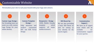 Customisable Website
Personalize your site to suit your brand with your logo and colours.
1
Custom Logo Design :
Our branding team can
assist you with custom
Logo Design for your
online identity.
2 3 4 5
Custom Template
Design :
Fully attractive and
modern customized
B2C and B2B Portal
Design.
Responsive Design :
100% Mobile friendly
template which
supports all major
mobile browsers.
SEO Boost Up :
We are also providing
a basic SEO Boost up
plan for setting up
your identity for the
search engine.
Customization
Support :
We have an IT expert
team which will be
available for
customization support
for your queries.
18
 