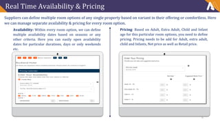 Real Time Availability & Pricing
Suppliers can define multiple room options of any single property based on variant in their offering or comfortless. Here
we can manage separate availability & pricing for every room option.
Availability: Within every room option, we can define
multiple availability dates based on seasons or any
other criteria. Here you can easily open availability
dates for particular durations, days or only weekends
etc.
Pricing: Based on Adult, Extra Adult, Child and Infant
age for this particular room options, you need to define
pricing. Pricing needs to be add for Adult, extra adult,
child and Infants, Net price as well as Retail price.
6
 