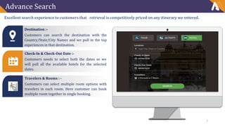 Advance Search
7
Excellent search experience to customers that retrieval is competitively priced on any itinerary we entered.
Check-In & Check-Out Date :-
Customers needs to select both the dates so we
will pull all the available hotels for the selected
dates.
Travelers & Rooms : -
Customers can select multiple room options with
travelers in each room. Here customer can book
multiple room together in single booking.
Destination :-
Customers can search the destination with the
Country/State/City Names and we pull in the top
experiences in that destination.
 