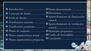  Introducción………………….
 Concepto de diseño…………...
 Estilo de diseño………………
 Zonificación existente…………
 Zonificación propuesta………..
 Planta de conjunto……………
 Planta arquitectónica actual…....
 Planta arquitectónica propuesta..
Planta dimensionada …….…….
Elevaciones….....………………
Aprovechamiento de iluminación
natural………………………..
Aprovechamiento de ventilación
natural...............................................
Materiales propuestos……....….
Cuadro de necesidades…………
Conclusión……....…………….
 