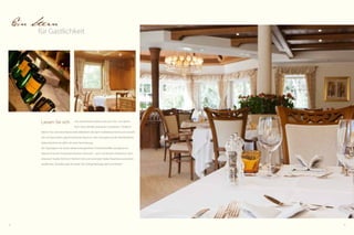 18 19
Ein Stern
für Gastlichkeit
Lassen Sie sich von unserer Küche, ebenso wie auch Star- und Sterne-
koch Heinz Winkler, kulinarisch verwöhnen. Chefkoch
Martin Fritz und seine Mannschaft zelebrieren die alpin-mediterrane Küche und verwöh-
nen mit besonderen geschmacklichen Nuancen. Kein Geringerer als der Michelinführer
Italien belohnte sie dafür mit einer Nominierung.
Der Tag beginnt mit einem abwechslungsreichen Frühstücksbuffet und glänzt am
Abend mit einem Feuerwerk kreativen Genusses – auch mit leckeren Vitalmenüs. Dem
erlesenen Tropfen fühlt sich Feldhof-Chef und Sommelier Stefan Perathoner persönlich
verpflichtet. Ob Keller oder Vinothek: Der richtige Weintipp darf nicht fehlen!
 