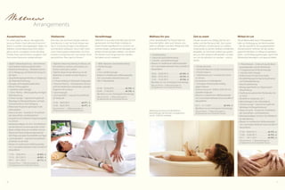 50 51
Wellness for you
Unser Spezialpaket für Frauen lädt ein,
Freundschaften, aber auch Körper und
Seele zu pflegen und dem Alltag eine Zeit
lang die Rote Karte zu zeigen.
•	 1 Korallenpeeling
•	 1 klassische Gesichtsbehandlung
•	 1 Gesichts- und Nackenmassage
•	 Relaxen im mediterranen Wellnessparadies
mit 5 verschieden beheizten Pools und 400 m²
Wasserfläche
24.03. - 28.03.2013 . . . . . . . . . . . . . ab 504,- €
28.04. - 02.05.2013 . . . . . . . . . . . . . ab 556,- €
12.05. - 16.05.2013 . . . . . . . . . . . . . ab 556,- €
	 (Buchbar nur von Sonntag bis Donnerstag)
	 Preis pro Person – 4 Übernachtungen im
DZ Spatzennest mit ¾-DolceVita-Pension
•	 1 Private-Spa-Suite
•	 1 Romantik-Welcome mit roter Satinbettwäsche
•	 1 Flasche Prosecco
•	 1 Sektfrühstück und 1 romantisches Dinner
im Zimmer
•	 Kuscheloasen im Feldhofgarten
•	 1 Schnupper-Hubschrauberrundflug
(gegen Aufpreis)
•	 Fortuna-Sauna von 10:00 bis 20:00 Uhr mit
speziellen Aufgüssen
•	 Relaxen im mediterranen Wellnessparadies
mit 5 verschieden beheizten Pools und 400 m²
Wasserfläche
03.11. - 21.11.2013 . . . . . . . . . . . . . . ab 444,- €
	 (Buchbar nur von Sonntag bis Donnerstag)
	 Preis pro Person – 4 Übernachtungen im
DZ Spatzennest mit ¾-DolceVita-Pension
Zeit zu zweit
Urlaub. Auszeit vom Alltag, Zeit für sich
selbst und die Partnerschaft. Zeit, zusam-
menzufinden, Gemeinsames zu erleben,
miteinander zu lachen, erleben, entdecken,
begreifen. Es soll Ihnen einfach gut gehen
bei uns. Mit Leidenschaft bereiten wir alles
vor, um Sie glücklich zu machen – und zu
sehen.
•	 Täglich Tiefenentspannung – Kennenlernen
verschiedener Entspannungstechniken
•	 Meditative Wanderung – Meditationstechni-
ken in Bewegung und Übereinstimmung mit
der Natur
•	 Spezielle Bewegungseinheiten zur Steigerung
der Körperwahrnehmung
•	 Übungen, die Energieblockaden lösen
•	 Kleiner Fußmassagekurs
•	 1 equilibrio vitalis massage
•	 1 Osmo-Thermy – Meersalzpeeling mit Algen-
Wärmepackung
•	 4 Senses Lounger – ergonomisch geformte
Relaxliege mit Klangmembranen und Farb-
lichtwechsel frei zu Ihrer Verfügung
•	 Wärmende Entspannungstherapie in der
Infrarotkabine
•	 Kissen à la carte – Auswahl an 10 wohltuen-
den Gesundheits- und Kräuterkissen
•	 Auswahl an verschiedenen Entspannungstees
im Zimmer
•	 Matratzenauflagen mit Zirm, Torf, Weidenrin-
de oder Moschus für einen gesunden Schlaf
•	 Besser-schlafen-Korb zum Ausleihen mit Lese­
lektüre auf E-Book, Entspannungsmusik auf
MP3-Player und vielen Einschlafhilfen und Tipps
•	 „Leicht genießen“ – exquisite Gourmetküche
als Balsam für die Seele
•	 Relaxen im mediterranen Wellnessparadies
mit 5 verschieden beheizten Pools und 400 m²
Wasserfläche
11.05. - 18.05.2013 . . . . . . . . . . . . ab 863,- €
19.10. - 26.10.2013 . . . . . . . . . . . . . ab 863,- €
09.11. - 24.11.2013 . . . . . . . . . . . . . ab 772,- €
	 Preis pro Person – 7 Übernachtungen im
DZ Spatzennest mit ¾-DolceVita-Pension
Auszeitwochen
Im Leben geht es darum, die eigene Ba-
lance zu finden. Doch allzu leicht kommt
diese in unseren stressgeplagten Tagen ins
Wanken. Unsere Balancewochen setzen
genau da an und geben Ihnen die Mög-
lichkeit, Ihren persönlichen Ausgleich und
Ihre innere Harmonie wiederzufinden.
Wellness
Arrangements
•	 Tägliches Fatburning-Training im Wasser, um
Ihre Gelenke zu schonen, und outdoor, um
frischen Sauerstoff zu tanken
•	 Tägliches Body-Toning-Work-out, um die
Muskulatur zu stärken und den Körper zu
formen
•	 2 x Power Walking im Naturpark Texelgruppe
•	 1 Personal Training – Fitnesstrainerin Tania er-
stellt anschließend ein individuelles, spezielles
Programm für zu Hause
•	 3 Sportmassagen
•	 „Leicht genießen“ – exquisite Gourmetküche
als Vitalquelle
01.06. - 08.06.2013 . . . . . . . . . . . . . . ab 971,- €
22.06. - 06.07.2013 . . . . . . . . . . . . . . ab 971,- €
	 Preis pro Person –  7 Übernachtungen im
DZ Spatzennest mit ¾-DolceVita-Pension
Vitalwoche
Eine Zeit, die Sie Ihrem Körper widmen.
Eine Woche, in der Sie Ihren Körper wie-
der in Schwung bringen, Fett abbauen
und Muskeln aufbauen. Durch den inten-
siven Trainingsplan bekämpfen Sie Ihren
inneren„Schweinehund“ und starten Ihren
persönlichen Plan„back to fitness“.
•	 1 BERG-Alpenrose-Gesichtsbehandlung
•	 1 Rückenmassage
	oder
• 	1 Fuß- und Beinmassage
• 	Relaxen im mediterranen Wellnessparadies
mit 5 verschieden beheizten Pools und
400 m² Wasserfläche
07.04. - 25.04.2013 . . . . . . . . . . . . . . ab 536,- €
02.06. - 27.06.2013 . . . . . . . . . . . . . . ab 536,- €
	 (Buchbar nur von Sonntag bis Donnerstag)
	 Preis pro Person –  4 Übernachtungen im
DZ Spatzennest mit ¾-DolceVita-Pension
Verwöhntage
Vielleicht ist es ja das erste Mal, dass Sie sich
gemeinsam mit Ihrer/Ihrem Liebsten in
einem Private-Spa-Bereich so rundum ver-
wöhnen lassen, wohltuende Massagen und
andere Anwendungen erleben, von denen
Sie danach noch lange träumen werden.
Sie haben es sich verdient!
•	 1 Physiotherapie – Untersuchung des Bewe-
gungsapparates und der Wirbelsäule
•	 1 Fangopackung mit Rückenmassage
•	 1 dorsalis vitalis massage
•	 Rückenschule mit oder ohne Geräte
•	 Rumpfkräftigungstraining für Koordination
und Tiefenstabilisierung
•	 Bauchmuskeltraining
•	 Bewegungseinheiten zur Steigerung der
Körperhaltung
•	 Erstellung des persönlichen Rückenplans für
zu Hause
•	 Rückenfit im Solebecken, 34 °C
•	 Wärmetherapie in der Infrarotkabine
•	 4 Senses Lounger – ergonomisch geformte
Relaxliege mit Klangmembranen
•	 Kissen à la carte – Auswahl an 10 wohltuen-
den Gesundheits- und Kräuterkissen
•	 Matratzenauflagen mit Zirm, Torf, Weidenrin-
de oder Moschus
•	 Relaxen im mediterranen Wellnessparadies
mit 5 verschieden beheizten Pools und 400 m²
Wasserfläche
27.04. - 04.05.2013 . . . . . . . . . . . . . ab 933,- €
15.06. - 22.06.2013 . . . . . . . . . . . . . ab 933,- €
02.11. - 09.11.2013 . . . . . . . . . . . . ab 842,- €
	 Preis pro Person – 7 Übernachtungen im
DZ Spatzennest mit ¾-DolceVita-Pension
Wirbel im Lot
Ob als Bestandteil eines Therapieplans
oder zur Vorbeugung von Beschwerden
– bei der speziell für Sie ausgearbeiteten
„Rückenwoche“ erlernen Sie das rücken-
gerechte Verhalten im Alltag mit gezielten
Dehn- und Kräftigungsübungen, damit Ihre
Wirbelsäule beweglich und gesund bleibt.
Wellnessgutscheine und alle Wellness­
behandlungen der Wochen-Arrangements
nur bis 15:00 Uhr einlösbar
 