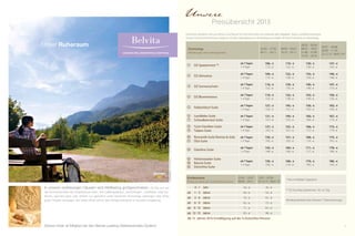 56 57
Kinderpreise
(Preise pro Kind, inkl. ¾-DolceVita-Pension)
22.03. - 12.07.
08.09. - 24.11.
13.07. - 07.09.
25.12.13 - 06.01.14
	 0 -1	 Jahr 20,- € 30,- €
ab	 1 - 3	 Jahre 44,- € 54,- €
ab	 3 - 6	 Jahre 55,- € 65,- €
ab	 6 - 9	 Jahre 65,- € 75,- €
ab	 9 -12	 Jahre 71,- € 81,- €
ab	 12-15	 Jahre 83,- € 98,- €
* Kein ermäßigter Tagespreis
** EZ-Zuschlag Spatzennest 30,- € / Tag
Mindestaufenthalt über Silvester 7 Übernachtungen
Ab 15 Jahren 30 % Ermäßigung auf die ¾-DolceVita-Pension
Zimmertyp
(Abbildungen siehe vorherige Seite)
22.03. - 27.03.
04.11. - 24.11.
04.04. - 05.07.
19.10. - 03.11.
28.03. - 03.04.
06.07. - 19.07.
31.08. - 27.09.
12.10. - 18.10.
20.07. - 30.08.
28.09. - 11.10.
25.12.13 - 06.01.14*
DZ Spatzennest **
ab 7 Tagen
1-6 Tage
106,- €
112,- €
119,- €
125,- €
130,- €
136,- €
137,- €
143,- €
DZ Almwiese
ab 7 Tagen
1-6 Tage
109,- €
115,- €
122,- €
128,- €
133,- €
139,- €
140,- €
146,- €
DZ Sonnenschein
ab 7 Tagen
1-6 Tage
116,- €
122,- €
129,- €
135,- €
140,- €
146,- €
147,- €
153,- €
DZ Blumenwiese
ab 7 Tagen
1-6 Tage
119,- €
125,- €
132,- €
138,- €
143,- €
149,- €
150,- €
156,- €
Feldschlössl-Suite
ab 7 Tagen
1-6 Tage
127,- €
133,- €
145,- €
151,- €
156,- €
162,- €
163,- €
169,- €
Landliebe-Suite
Schwalbennest-Suite
ab 7 Tagen
1-6 Tage
131,- €
137,- €
149,- €
155,- €
160,- €
166,- €
167,- €
173,- €
Turm-Familien-Suite
Tulpen-Suite
ab 7 Tagen
1-6 Tage
137,- €
143,- €
155,- €
161,- €
166,- €
172,- €
173,- €
179,- €
Romantik-Suite Romeo & Julia
Ötzi-Suite
ab 7 Tagen
1-6 Tage
139,- €
145,- €
157,- €
163,- €
168,- €
174,- €
175,- €
181,- €
Giardino-Suite
ab 7 Tagen
1-6 Tage
142,- €
148,- €
160,- €
166,- €
171,- €
177,- €
178,- €
184,- €
Hüttenzauber-Suite
Barock-Suite
DolceVita-Suite
ab 7 Tagen
1-6 Tage
150,- €
156,- €
168,- €
174,- €
179,- €
185,- €
186,- €
192,- €
Unsere
Preisübersicht 2013
Die Preise verstehen sich pro Person und Tag mit ¾-DolceVita-Pension inklusive aller Abgaben, Taxen und Mehrwertsteuer.
Unsere ¾-DolceVita-Pension beginnt mit dem Abendessen am Anreisetag und endet mit dem Frühstück am Abreisetag.
leading wellnesshotels südtirol
©TAPPEINER.www.tappeiner.it–www.michaeler-partner.com
In unseren erstklassigen Häusern wird Wellfeeling großgeschrieben. Ob Sie sich auf
der Sonnenterrasse die Ferienbräune holen, Ihre Lieblingslektüre „verschlingen“, meditieren oder fau-
lenzen, sportlich aktiv oder einfach nur gemütlich einen herrlichen Sonnentag verbringen oder einen
guten Tropfen verkosten. Wir bieten Ihnen immer das richtige Ambiente in reizvoller Umgebung.
Dieses Hotel ist Mitglied bei den Belvita Leading Wellnesshotels Südtirol.
Unser ruheraum
 