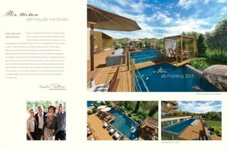 4 5
Wir teilen
die Freude mit Ihnen
Das sonnen-
verwöhnte
Meraner Land zählt zu den schönsten Gegenden Südti-
rols. Es schenkt uns eine unschätzbare Vielfalt und diese
Freude wollen wir mit Ihnen teilen. Deshalb ist es uns ein
Herzensanliegen, Ihre wichtigsten Tage im Jahr zum unvergesslichen Erlebnis werden
zu lassen – egal ob Sie alleine, mit der/dem Liebsten oder der Familie anreisen.
Nehmen Sie sich eine Auszeit vom Alltagsstress, ob beim Nordic Walking, beim
Radfahren, beim Golfen oder Tennis. Verwöhnen Sie sich im Feldhof mit erholsamen
Saunagängen, Schwimmrunden, Massageeinheiten, Wellness- und Beautybehandlun-
gen. Oder schlicht und einfach beim Faulenzen. Freuen Sie sich auf das kulinarische
Feuerwerk unserer Küchenmannschaft und lassen Sie den Tag geruhsam bei einem
guten Glas Wein und einem interessanten Gespräch ausklingen. Ganz egal wofür Sie
sich entscheiden – wir und unsere „Feldmäuse“ (so nennen wir liebevoll unser Team
im Feldhof) werden dafür da sein, dass Ihre Auszeit zur genüsslichen, bleibenden
Erinnerung wird.
Ihre Familie Perathoner
Frühstücksterrasse mit Koiteich
Sportbecken 26 - 28 °C
Neu
ab Frühling 2013
 