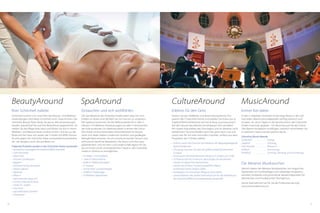 66 67
Ihrer Schönheit zuliebe
Schönheit kommt von innen! Mit den Beauty- und Wellness-
anwendungen wird diese Schönheit noch unterstrichen. Das
DolceVita Beauty-Team berät Sie gerne. Alle Anwendungen
werden speziell auf Sie und Ihre Bedürfnisse abgestimmt. Ge-
nießen Sie die Pflege Ihrer Haut und fühlen Sie sich in Ihrem
Wellness- und Beautyurlaub rundum schön. Und da nur das
Beste auf Ihre Haut soll, setzen die 5 Hotels mit BERG Kosme-
tik eine eigens für DolceVita Gäste entwickelte Kosmetiklinie
ein, die übrigens auch bio-zertifiziert ist.
Folgende Produkte werden in den DolceVita Hotels verwendet
•	 DolceVitas	hauseigene	Produktlinie	BERG	Kosmetik
•	 Trehs	Kosmetik
•	 Matis	Paris
•	 Piroche	Cosmétiques
•	 Ägyptos
•	 Gertraud	Gruber	Kosmetik
•	 Maria	Galland
•	 Alpienne
•	 Phyto	5
•	 Germaine	de	Capuccini
•	 Ericson	Laboratoire	Paris
•	 Vitalis	Dr.	Joseph
•	 Vita	Form
•	 ego	individual	cosmetic
•	 Fuhlendorf
Eintauchen und sich wohlfühlen
Die Spa-Bereiche der DolceVita Hotels laden dazu ein, sich
treiben zu lassen und die Welt um sich herum zu vergessen.
Mit SpaAround können Sie die Wellnessbereiche in allen 5
Häusern mit Wellness-Anwendungen aus allen 5 Kontinenten
der Erde auskosten. Ein Wellnessurlaub in einem der Dolce-
Vita Hotels ist eine besondere Streicheleinheit für Körper,
Geist und Seele. Neben modernem Komfort und gepflegter
Behaglichkeit erwarten Sie ein zuvorkommender Service und
erfrischend herzliche Mitarbeiter. Die Teams und Ihre Gast-
geberfamilien sind mit Herz und Leidenschaft täglich für Sie
da, um Ihnen einen unvergesslichen Urlaub in den DolceVita
Hotels in Südtirol zu ermöglichen.
•	 14	Hallen-	und	Freibäder
•	 1.400	m²	Wasserfl	äche
•	 4.600	m²	Wellnessanlagen
•	 31	Saunen
•	 235	Kuschel-	und	Ruheliegen
•	 13.000	m²	Parkanlage
•	 23	Wellness-Spezialisten
BeautyAround SpaAround
Immer live dabei
In den 5 beliebten DolceVita Hotels liegt Musik in der Luft.
Fast jeden Abend wird aufgespielt: zünftig, klassisch und
modern. An sechs Tagen in der Woche wird in den DolceVita
Hotels Livemusik gespielt – mit MusicAround Sie den Dolce-
Vita Abend musikalisch ausklingen, natürlich entscheiden Sie,
in welchem Hotel und bei welcher Musik ...
DolceVita Musik-Abende
Lindenhof	 	.	.	.	.	.	.	.	.	.	.	.		Freitag
Jagdhof	 	.	.	.	.	.	.	.	.	.	.	.		Dienstag
Das	Paradies		.	.	.	.	.	.	.	.	.	.	.		Mittwoch
Feldhof	 	.	.	.	.	.	.	.	.	.	.	.		Donnerstag
Preidlhof	 	.	.	.	.	.	.	.	.	.	.	.		Sonntag,	Dienstag	und	Donnerstag
Die Meraner Musikwochen
Jährlich bieten die Meraner Musikwochen von August bis
September ein hochkarätiges und vielseitiges Programm,
stilvolles Ambiente und prominente Spitzeninterpreten für
literarischen und musikalischen Hochgenuss.
Gerne übernehmen wir für Sie die Ticketreservierung!
www.meranofestival.com
Erlebnis für den Geist
Nutzen Sie das vielfältige und abwechslungsreiche Pro-
gramm der 5 DolceVita Hotels und erleben Sie Kultur pur in
Südtirol! Reinhold Messner auf seiner Burg Juval besuchen?
Auf den Spuren des ältesten Vinschgauers Ötzi wandeln?
Am vitalen Kulturleben des Vinschgaus und im Meraner Land
teilnehmen? Sie entscheiden auch hier ganz nach Lust und
Laune was Sie mit wem erkunden möchten, einfach aus dem
Programm der 5 Hotels wählen.
•	 Schloss	Juval:	Das	Domizil	und	Museum	der	Bergsteigerlegende	
Reinhold	Messner
•	 Churburg:	Staunen	Sie	über	die	größte	private	Rüstkammer	
Europas
•	 Eismuseum:	Reinhold	Messners	Museum	in	Sulden	am	Ortler
•	 St-Prokulus-Kirche	in	Naturns:	Besichtigen	Sie	die	ältesten
Fresken	im	deutschen	Sprachraum
•	 Gärten	von	Schloss	Trauttmansdorﬀ		bei	Meran
(Schönster	Garten	Italiens	2005)
•	 Archeoparc	im	Schnalstal:	Alltag	zu	Ötzis	Zeiten
•	 Laaser	Marmor:	das	weiße	Gold	wird	auch	für	die	Zubereitung	
der	DolceVita	BERG	Kosmetikprodukte	verwendet
MusicAroundCultureAround
 