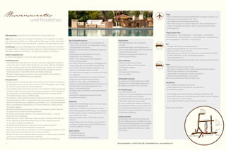 70 71
Interessantes
•	Weindegustationen	in	der	hauseigenen
Vinothek
•	Kulturabende	(Sagen	und	Brauchtümer	aus		
dem Vinschgau, Besichtigung der Prokuluskirche
und des neuen Museums)
•	WLAN,	Internetzugang	und	Infopoint	mit
Internetzugang kostenlos
Extras (Aufpreis)
•	DolceVita-Cabrio	Porsche	Boxster
•	Paragleiten,	Reiten,	Canyoning,	Klettern,
Hochseilgarten, Rafting
•	Tennishalle
•	Ihre	gewünschte	Tageszeitung
•	Fully-	und	E-Bikes
Schönwetter-Garantie
Sie urlauben im niederschlagsärmsten Gebiet
der Alpen: Bei 315 Sonnentagen brauchen wir
den Vergleich mit Sizilien nicht zu scheuen.
Für Empfehlungen
Unser Dankeschön an Sie!
Sie haben sich bei uns wohlgefühlt und möchten
auch Ihren Freunden davon erzählen?
Für jede vermittelte Zimmerbuchung und mind.
5 Übernachtungen eines neuen Gastes
(d. h. erster Aufenthalt im Feldhof) erhalten Sie
einen Dankeschön-Bonus: von einer Flasche Pro-
secco für die erste Empfehlung bis hin zu einem
Gutschein für 2 Übernachtungen für 2 Personen
für die fünfte Empfehlung.
Freude schenken
Was schenken, wenn jemand schon alles hat?
Mit dem Feldhof-Gutschein schenken Sie etwas,
wovon niemand genug haben kann: unvergleich-
liche Erlebnisse, glückliche Tage, wundervolle
Augenblicke, bleibende Erinnerungen, Vitalität
und Energie!
Die ¾-DolceVita-Pension
•	Reichhaltiges,	ausgewogenes	Frühstücksbuﬀ	et	von
7:30 bis 10:30 Uhr mit Bio- und Vitalprodukten, laktose-
und glutenfreien Erzeugnissen
•	Frühstück	auf	unserer	neuen,	mediterranen	Terrasse	am	
Koiteich
•	Frühstücksköchin	Gabi	bereitet	für	Sie	frische
Eiergerichte in der Showküche zu
•	Täglich	Proseccofrühstück	und	frisch	gepresste
Frucht- und Gemüsesäfte
•	Ab	13:30	bis	16:00	Uhr	Showküche	mit	Nudelgerichten,	
Suppe, Salatbuffet und zwei kalten Tagesgerichten,
von 13:30 bis 17:00 Uhr hausgemachte Kuchen mit
Kaffee, Tee, Fruchtsäften, Wasser und Obst
•	Ab	19:00	Uhr	6-	bis	8-Gänge-Gourmetmenüs	à	la	carte,
mit Salatbuffet
•	Traumhafte	Dessertkreationen	aus	eigener	Patisserie
•	Vegetarische	und	kalorienreduzierte	Küche
•	Auf	Wunsch	Diät-,	Laktat-	und	Zöliakieküche
•	Teilen	Sie	uns	bitte	Ihre	Diätwünsche	vor	der	Anreise	mit
•	Ganztägig	Tees	und	frisches	Quellwasser	in	der
Beauty- und Saunalandschaft
•	Ganztägig	Obst	vom	Obstkorb	sowie	bei	der	Ankunft
im Zimmer
•	Wöchentlicher	Begrüßungscocktail	mit	Familie
Perathoner am Sonntag
Nützliches
•	Bademäntel	und	Badeslipper	liegen	im	Zimmer	bereit
•	Badekorb	mit	Badetüchern
•	Regenschirm,	Trinkfl	asche	und	Rucksack	im	Zimmer
•	Föhn,	Schminkspiegel	und	BERG-Körper-	und	-Pfl	egeserie
•	Große	Auswahl	an	Schlaf-	und	Gesundheitskissen	für		
einen erholsamen Schlaf
•	Matratzenaufl	age	mit	Zirm,	Torf,	Weidenrinde	oder		
Moschus
•	Besser-schlafen-Korb	zum	Ausleihen	mit	Leselektüre		
auf E-Book, Entspannungsmusik auf MP3-Player und
vielen Einschlafhilfen und Tipps
Sport und Fun
•	2	DolceVita-Vespas	50
•	1	DolceVita-Vespa	200
•	Tanzabend	mit	Livemusik	und	Pianoabend
Wissenswertes
und Nützliches
Ihre Ferienhotline: +39 0473 666 366 · info@feldhof.com · www.feldhof.com
Öffnungszeiten: 22.03.2013 bis 24.11.2013 und 25.12.2013 bis 06.01.2014
Lage: Naturns bei Meran, der sonnigste Ort im Meraner Land, eingerahmt vom Natur-
park Texelgruppe im Norden, vom Süden grüßt die Ortlergruppe mit dem Nationalpark
Stilfserjoch. Der Feldhof ist eine Oase der Ruhe – trotzdem ist das aktive Leben ganz nah.
Ausstattung: Das sonnige Wohngefühl der Südtiroler Berge mischt sich mit mediterra-
ner Eleganz. Warme, wohlige Atmosphäre, gepaart mit Zeitgeist-Design aus heimischen
Materialien. Mediterranes Ambiente – der ideale Platz für Beauty und Wellness.
Suiten & Doppelzimmer:
51 Zimmer und Suiten (ca. 22-60 m) im alpin-mediterranen Design.
Qualitätsgarantie:
•	 Der	HolidayCheck	Award	2010,	2011	und	2012	wird	auf	Grundlage	aller	Hotelbewer-
tungen eines Jahres verliehen. Allein die Meinung der Urlauber zählt! Die 99 beliebtes-
ten Hotels weltweit wurden aus über 300.000 Bewertungen ermittelt. Die Anzahl der
Bewertungen, die Weiterempfehlungsrate und die einzelnen Kategorien werden ins
Verhältnis gesetzt. Und der Feldhof ist einer der Publikumslieblinge!
•	 Die	Belvita-Angebotsgruppe	unterzieht	unser	Gesamtangebot	einem	jährlichen	
Qualitätscheck mit Veröffentlichung der Ergebnisse.
Kleingedrucktes :
•	 Anreise/Abreise:	Am	Anreisetag	stehen	Ihnen	die	Zimmer	ab	14:00	Uhr	zur	Verfügung.		
Am Abreisetag ersuchen wir Sie, die Zimmer bis 11:00 Uhr freizugeben. Falls Sie später
als 19:00 Uhr anreisen, bitten wir um kurze Nachricht.
•	 Eine	Annullierung	Ihrer	Zimmerreservierung	ist	nur	bis	3	Wochen	vor	dem	Anreisedatum	
kostenfrei möglich. Bei einer kürzeren Stornierungszeit verrechnen wir 70 % des gebuch-
ten Arrangements. Das Gleiche gilt bei verspäteter Ankunft oder vorzeitiger Abreise.
•	 Zimmerstornierungen	sind	nur	schriftlich	gültig.
•	 Wir	empfehlen	unseren	Gästen	eine	Reisevorsorge!	Sichern	Sie	sich	mit	unserer	Reise-
vorsorge finanziell ab, falls vor Urlaubsantritt noch etwas passiert. Diese Vorsorge wird
bei Ihrer Zimmerreservierung mitgebucht und verrechnet. Für 5,- Euro pro erwachsene
Person und gebuchten Urlaubstag bzw. 2,50 Euro für Kinder (bis 16 Jahre) sind alle
Stornokosten gedeckt.
•	 Wir	bitten	Sie,	Wellnessanwendungen	14	Tage	vor	der	Anreise	zu	buchen,	damit	wir	
Ihre gewünschten Termine berücksichtigen können.
•	 Bei	Zimmern	mit	Frühstück	werden	vom	¾-DolceVita-Pensionspreis	11,-	Euro	pro
erwachsene Person abgezogen.
•	 Hunde	sind	bei	uns	gerne	willkommen.	Haben	Sie	jedoch	Verständnis,	dass	dies	nicht	
für den Speisesaal und den Wellnessbereich gilt. Für Ihren„Liebling“ berechnen
wir 20,- Euro pro Tag, ohne Verpflegung.
•	 Wir	akzeptieren	alle	Kreditkarten	außer	Diners	Club	und	American	Express.	
Klären Sie mit Ihrer Bank die Verfügbarkeit im Ausland ab.
•	 Bitte	haben	Sie	Verständnis,	dass	das	Buchen	von	Zimmerkategorien	möglich	ist,	nicht
jedoch die Reservierung bestimmter Zimmer oder Stockwerke.
•	 Mit	dieser	Preisliste	verlieren	alle	bisherigen	ihre	Gültigkeit.	Preisänderungen,	Druckfehler		
und Irrtum sowie Angebotsänderungen vorbehalten.
•	 Bei	eventuellen	Mehrwertsteuersatzerhöhungen	werden	die	Preise	angeglichen.	
RESCHENPASS
MERAN
FELDGASSE
HAUPTSTRASSE
RATHAUSSTRASSE
SCHLOSSWEG
ST.-PROKULUS-STR.
HOCHNATURNS
ST.-PROKULUS-
KIRCHE
NATURNS
OST
EINBAHN
Flüge
· Berlin/Frankfurt/Hamburg/Düsseldorf/Köln/Bonn/Stuttgart–Innsbruck und
Verona: ab 130,- Euro pro Person, inkl. Taxen,
www.airberlin.com und www.germanwings.de
· Wien–Innsbruck: ab 110,- Euro pro Person, inkl. Taxen, www.austrian.com
· London–Verona/Brescia/Innsbruck: ab 90,- Euro pro Person, inkl. Taxen,
www.easyjet.com
Flüge buchbar über
www.expedia.de	–	www.billigfl	ieger.de	–	www.fl	uege.de	–	www.fl	ug24.de	–
www.nikki-air.de	–	www.skyscanner.de	–	www.ticketpoint.de	–	www.skyways.de	–	
www.megafl	ieger.de	–	www.azfl	y.it	–	www.opodo.de
Bus
· Stuttgart–Ulm–Meran, www.suedtiroltours.de
Jeden Samstag ganzjährig, 150,- Euro pro Person hin & retour
· München–Naturns–Latsch–München
Jeden Samstag vom 17.03. bis 10.11.2013, 70,- Euro pro Person hin & retour
· St. Gallen–Winterthur–Zürich–Latsch/Naturns & retour,
www.meranerland.com
Jeden Samstag vom 06.04. bis 26.10.2013, 180,- CHF pro Person hin & retour
Bahn
· Neue Bahnverbindung aus der Schweiz
Basel–Zürich–Landquart–Klosters–Vereina-Ofenpass–Müstair–Naturns
(Fahrzeit Zürich–Naturns ca. 5 h), www.sbb.ch
· Deutsche Bahn Autoreisezug bis Bozen, www.bahn.de
· Österreichische Bundesbahnen, www.oebb.at
Wir holen Sie kostenlos vom Bahnhof Naturns ab!
Abholdienst
· Vom Flughafen oder Bahnhof zum Hotel
Innsbruck/Verona: ab 2 Personen, 99,- Euro pro Person
· Bozen/Meran: kostenlos
· Vom Flughafen zum Hotel: Die Südtirol Marketing Gesellschaft SMG
organisiert das ganze Jahr über kostengünstige Transfers von den Flughäfen
in die Hotels ab 25,- Euro pro Person,
www.suedtirol.info/Wissenswertes/Anreise/Low-Cost-Transfer
Änderungen vorbehalten
 