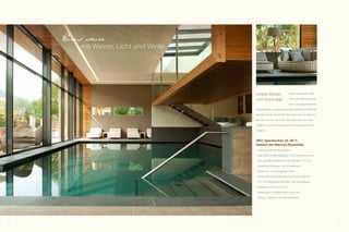 6 7
bietet weitläufige Freiflä-
chen, gemütliche Lounge-
Ecken und abgeschiedene
Kuscheloasen in einzigartigem und exklusivem Ambiente.
Der Blick auf das traumhafte Panorama rund um Naturns
lässt sich so noch viel besser genießen und macht den
Feldhof zu einem der inspirierendsten Urlaubsdomizile
Südtirols.
NEU: Sportbecken 26-28 °C,
beheizt von März bis November
• Insgesamt 400 m Wasserfläche
• Hallenbad mit Massagedüsen und Schwimmschleuse
zum ganzjährig beheizten Außenbecken, 31°C mit
integrierten Massage- und Sprudelliegen
• Ruhezonen und Ruhegalerie indoor
• Großes, ganzjährig beheiztes Soleschwimmbecken,
34°C mit integrierten Massage- und Sprudelliegen
• Kinderpool mit Rutsche 35 m
• Ruhezonen im mediterranen Garten mit
Palmen-, Zitronen- und Olivenbäumen
Unsere Wasser-
und Parkanlage
Eins sein
mit Wasser, Licht und Weite
 