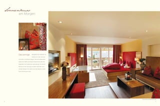 16 17
Sonnenkuss
am Morgen
Wohlgefühl des Feldhofes ver-
bindet sich in den Zimmern
und Suiten mit zeitloser Eleganz. Heimische Materialien,
italienische Stoffe und erlesene Details atmen alpine Be-
haglichkeit und mediterrane Lebensfreude. Himmlische
Bettruhe ist hier weit weg von jedem störenden Lärm.
Und der Morgen? Die milde Sonne des Meraner Landes
küsst Sie behutsam wach.
Das sonnige
Romantik-Suite Romeo & Julia
 