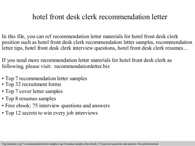 Hotel Front Desk Clerk Recommendation Letter
